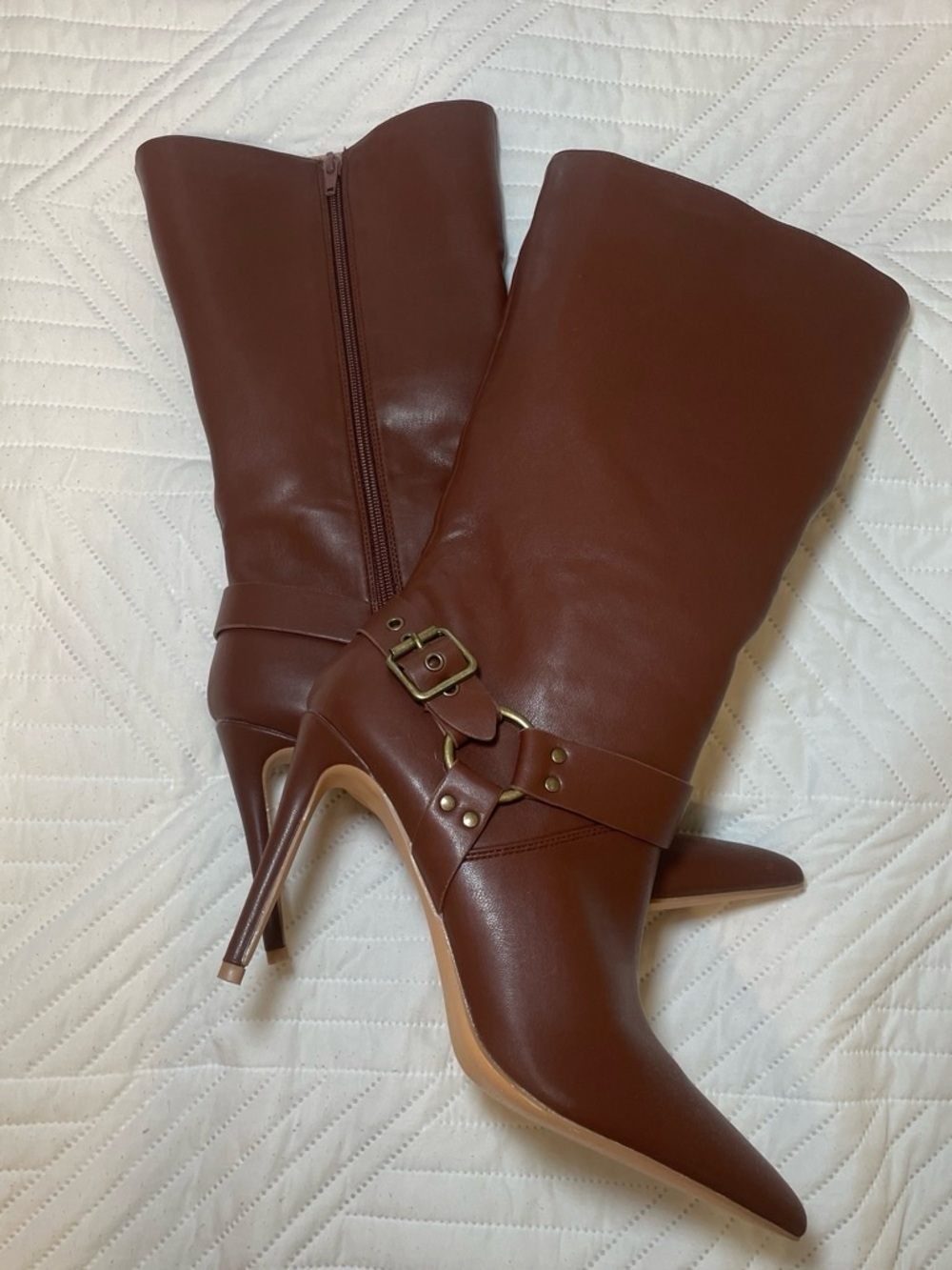 PrettyLittleThing Brown Pointed Stiletto Mid-Calf Buckle Boots